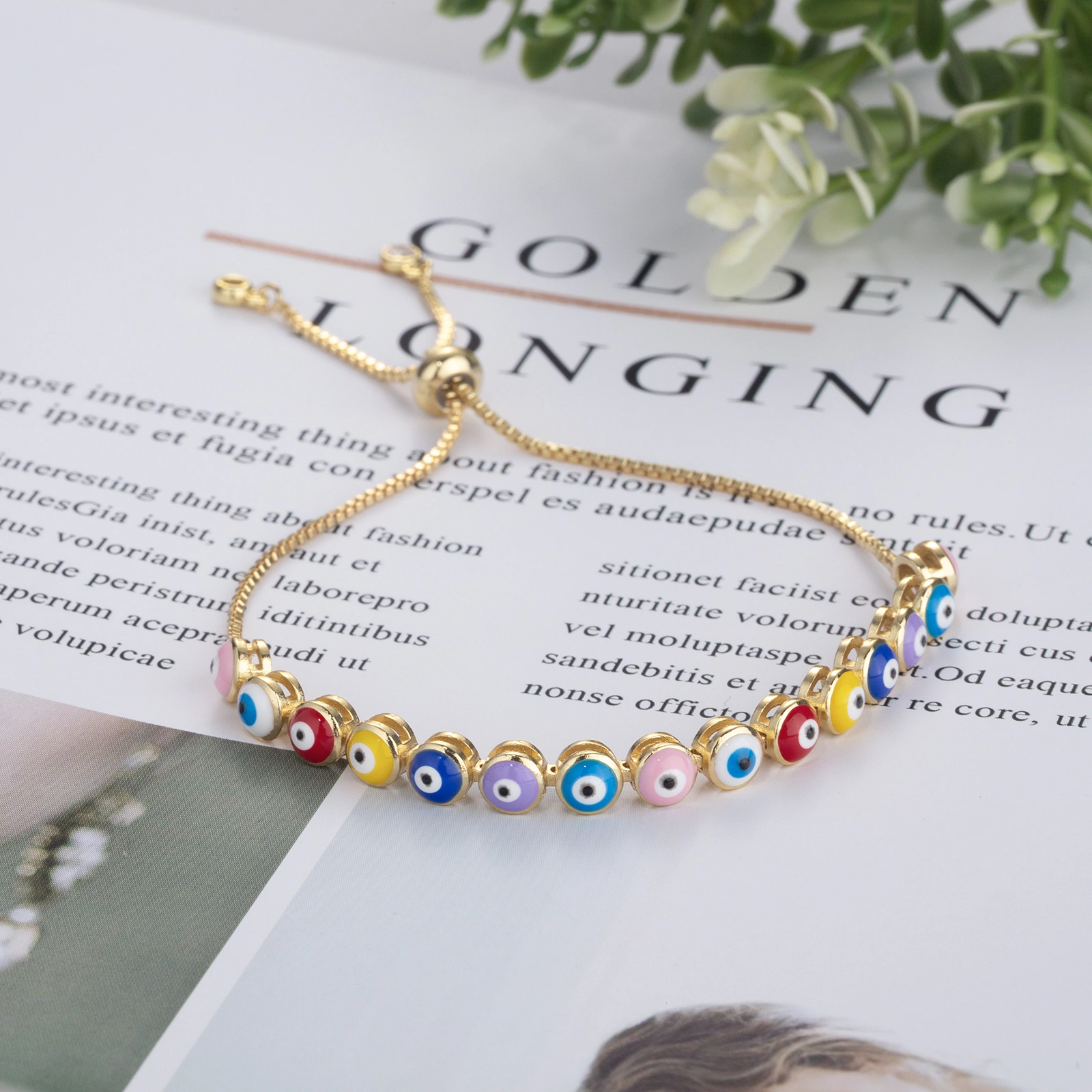 Fashion brass chain bracelet handmade unique multicolor evil eyes enamel charm adjustable bracelet for women men