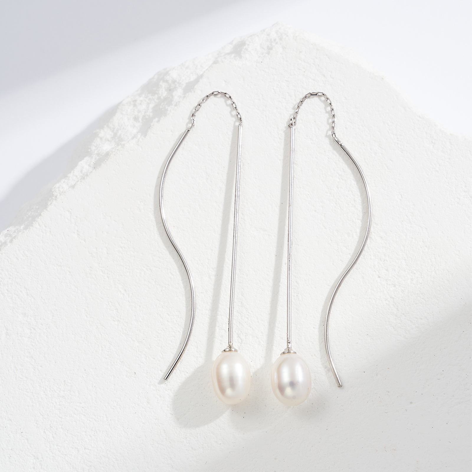 simple elegant silver earrings with white oval shape freshwater pearl rhodium plated women jewelry