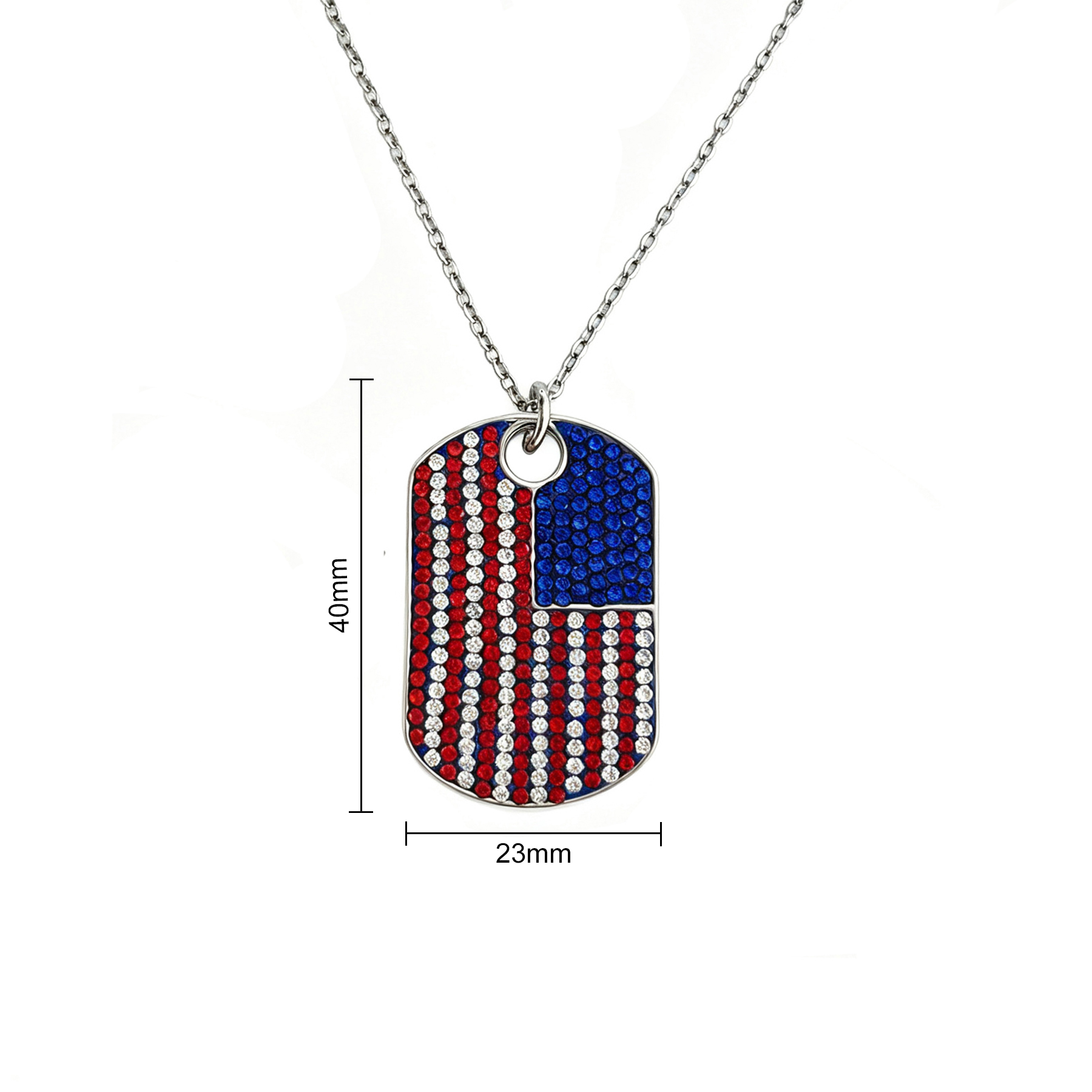 USA flag dog tag cz necklace with pendant size marking.