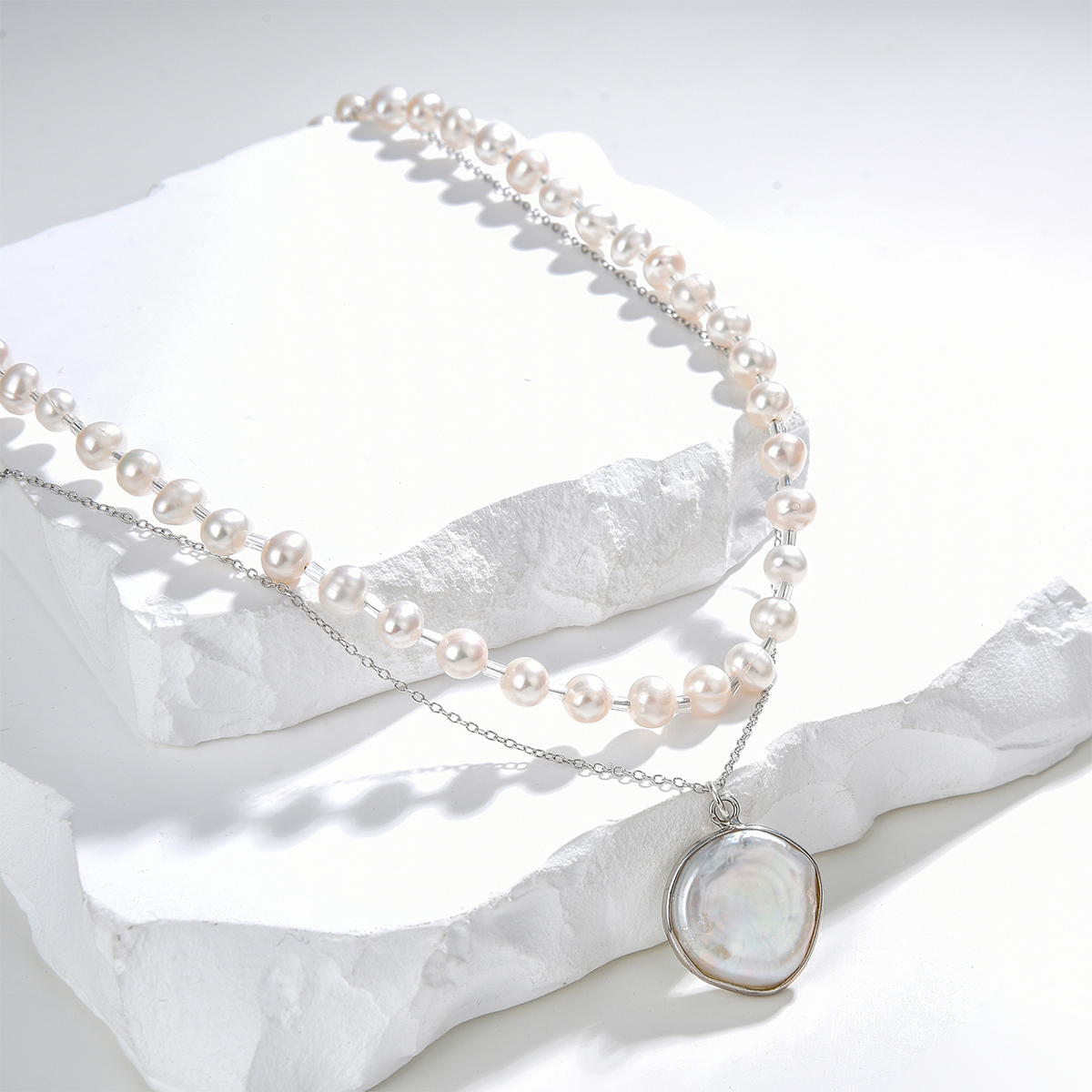 925 sterling silver double chain necklace with freshwater pearl pendant necklace for women