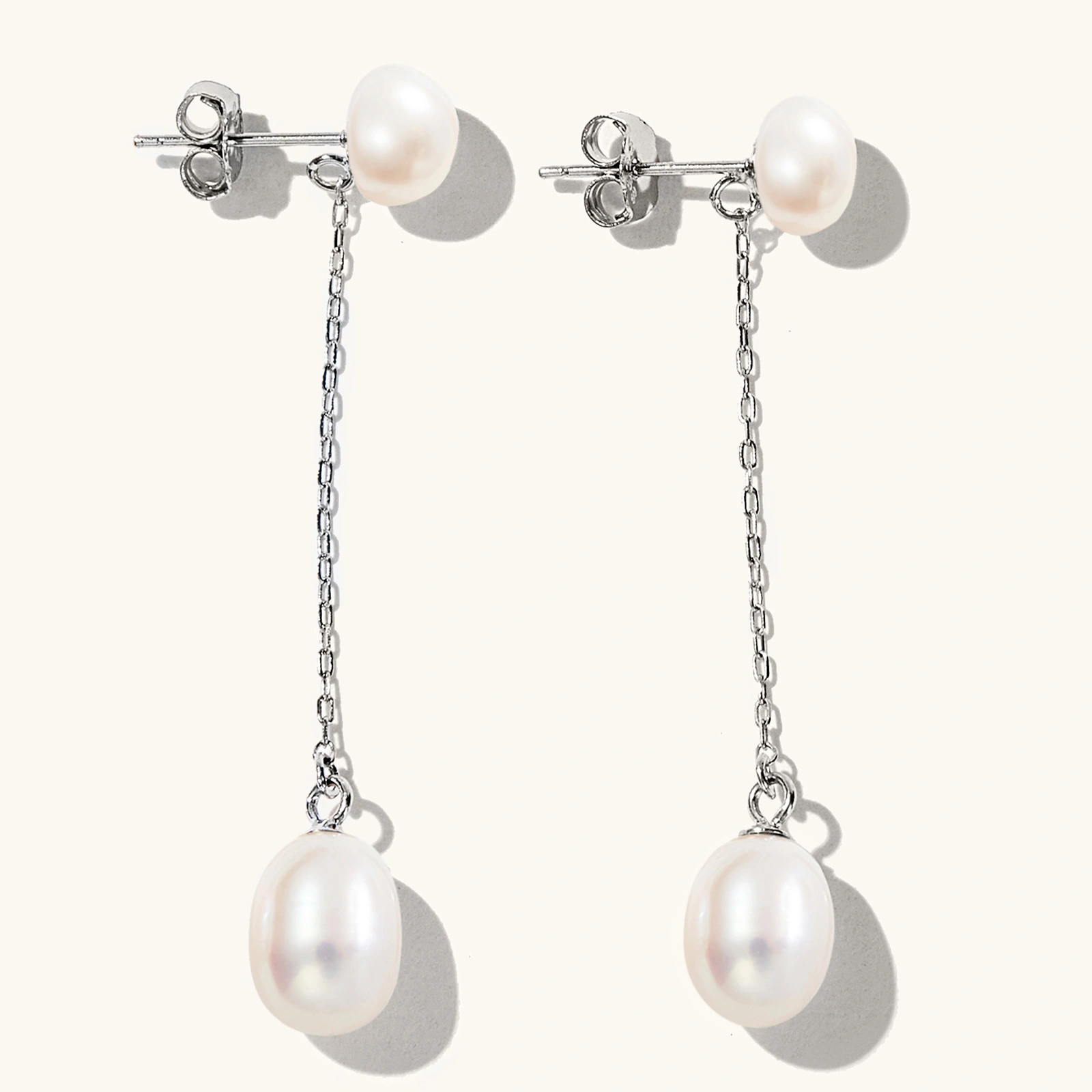 simple elegant silver pearl drop earrings with white 6-7mm button pearl 8-9mm rice pearl rhodium plated women jewelry