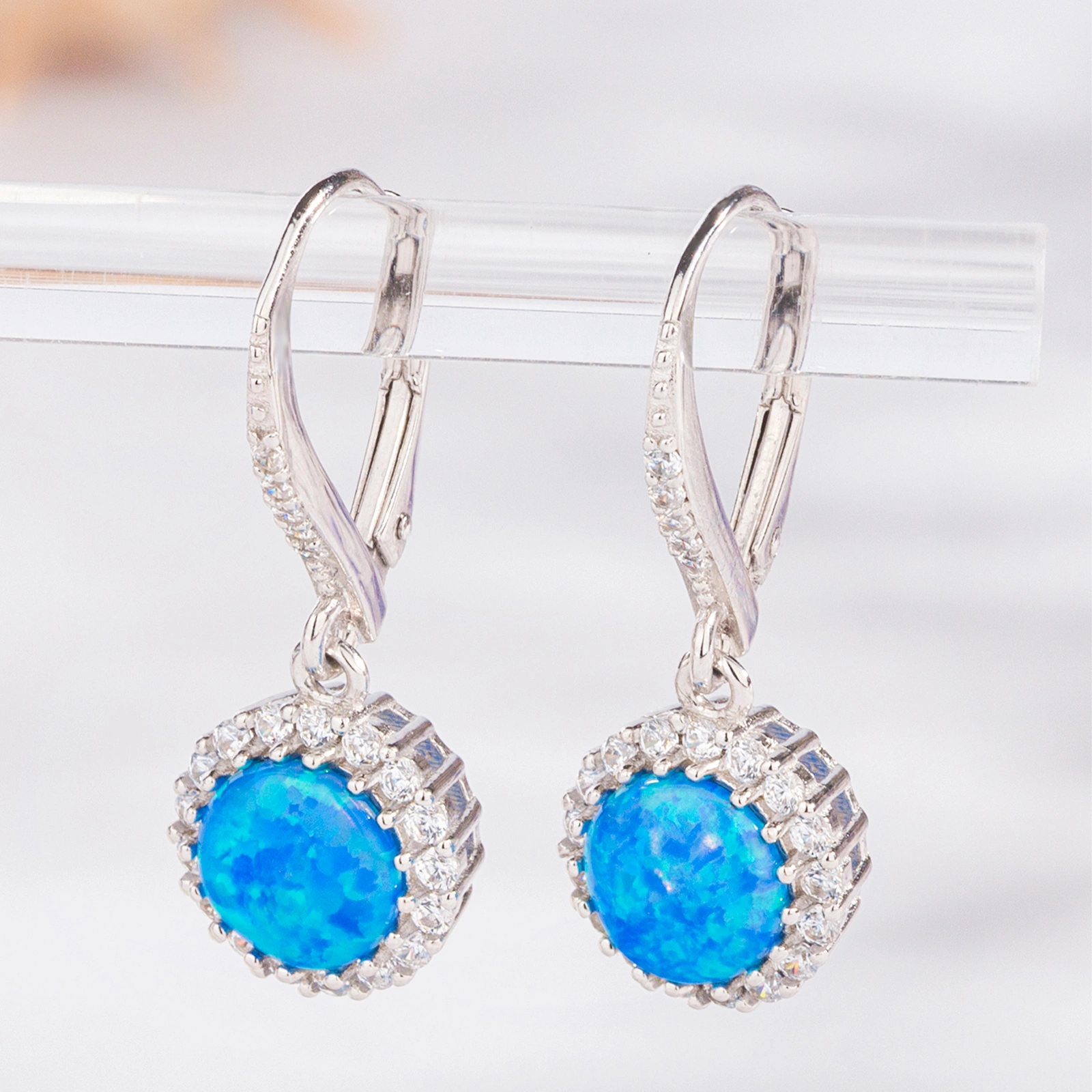 fashion silver leverback earrings paved with white cubic zirconia and opal drop earrings for women girls