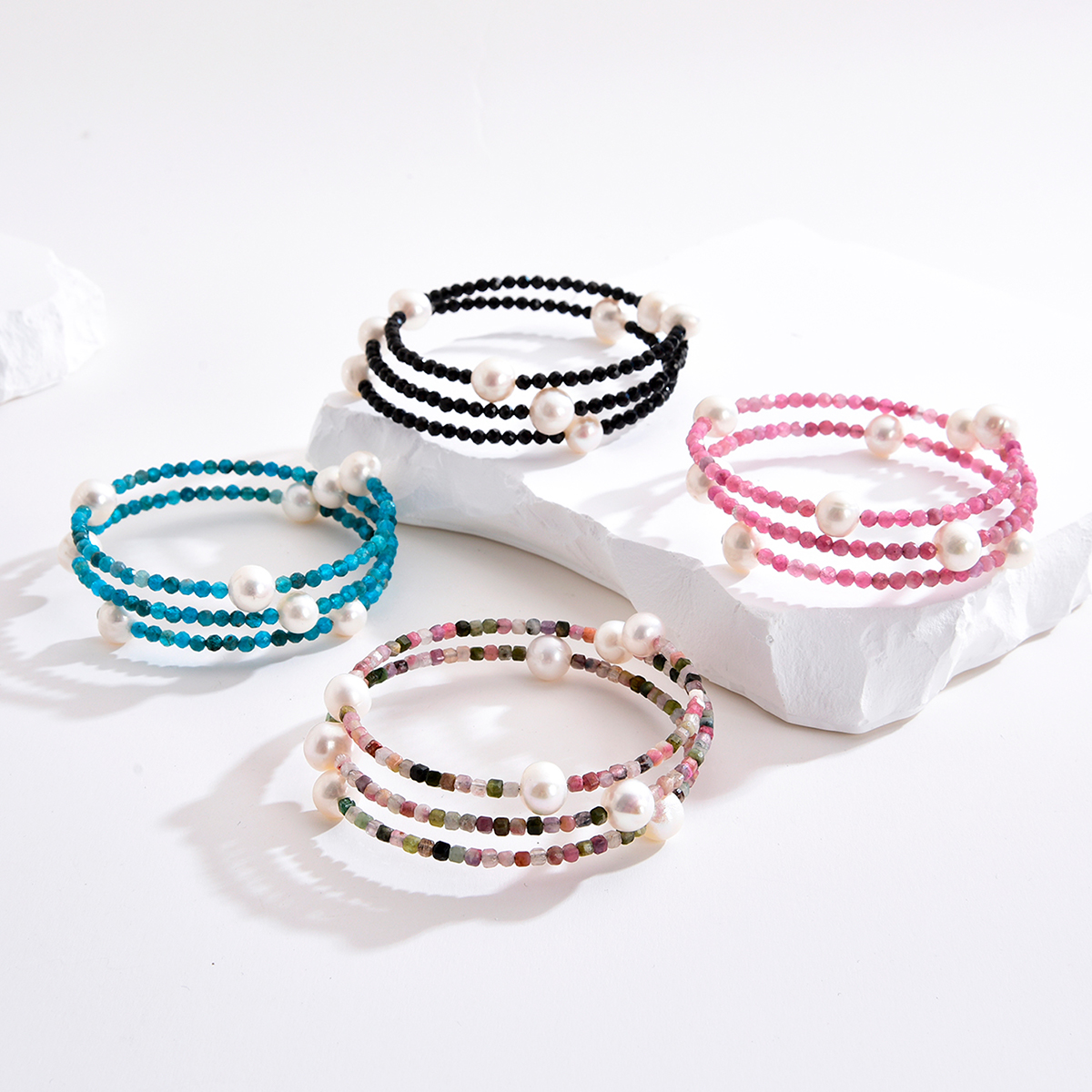 Tourmaline&Black spinel&Apatite&Pink stone 925 silver pearl with 2mm facted stone 3 rows bracelets