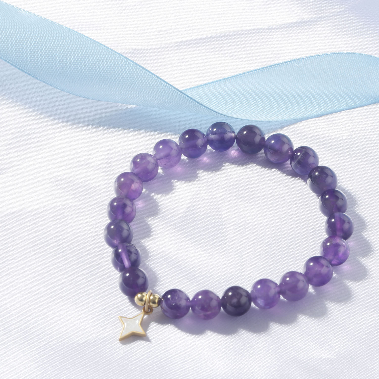 7.5 length stone stretchy bracelet with 8mm amethyst round beads