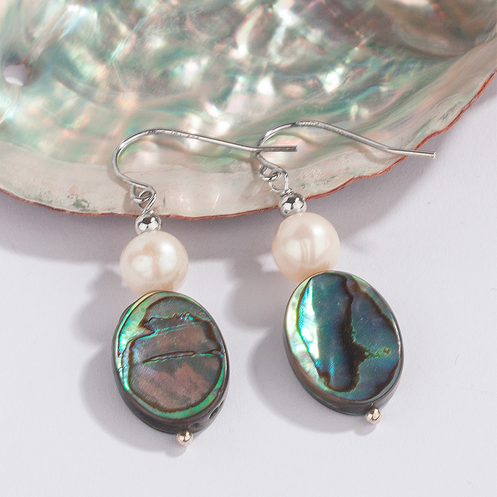8-9mm white round shape freshwater cultured pearl abalone shell drop silver hook earrings for women