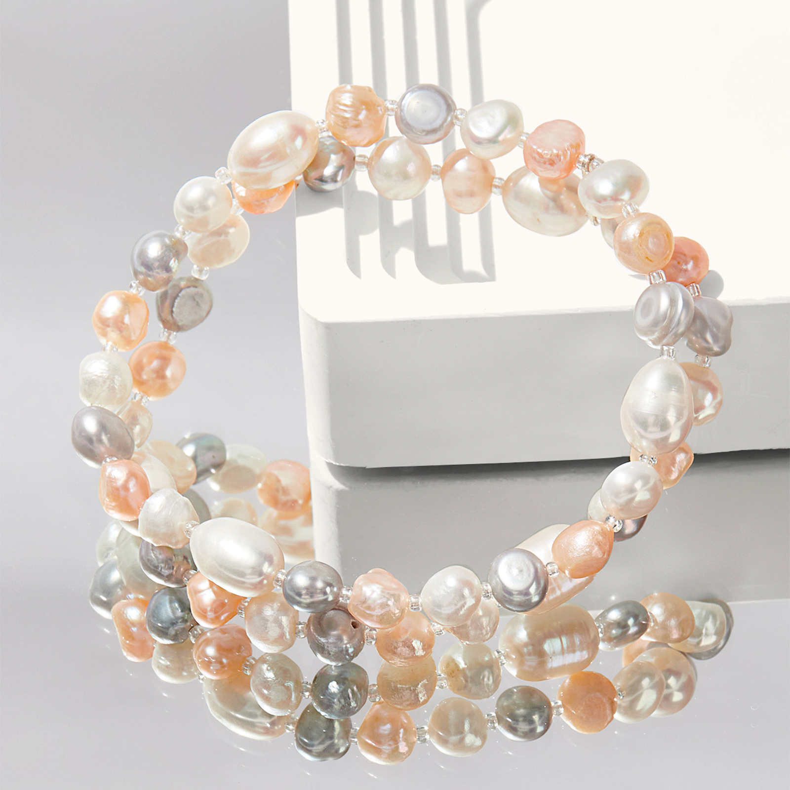 two-row freshwater cultured pearl stretchy beacelet for women silver jewelry