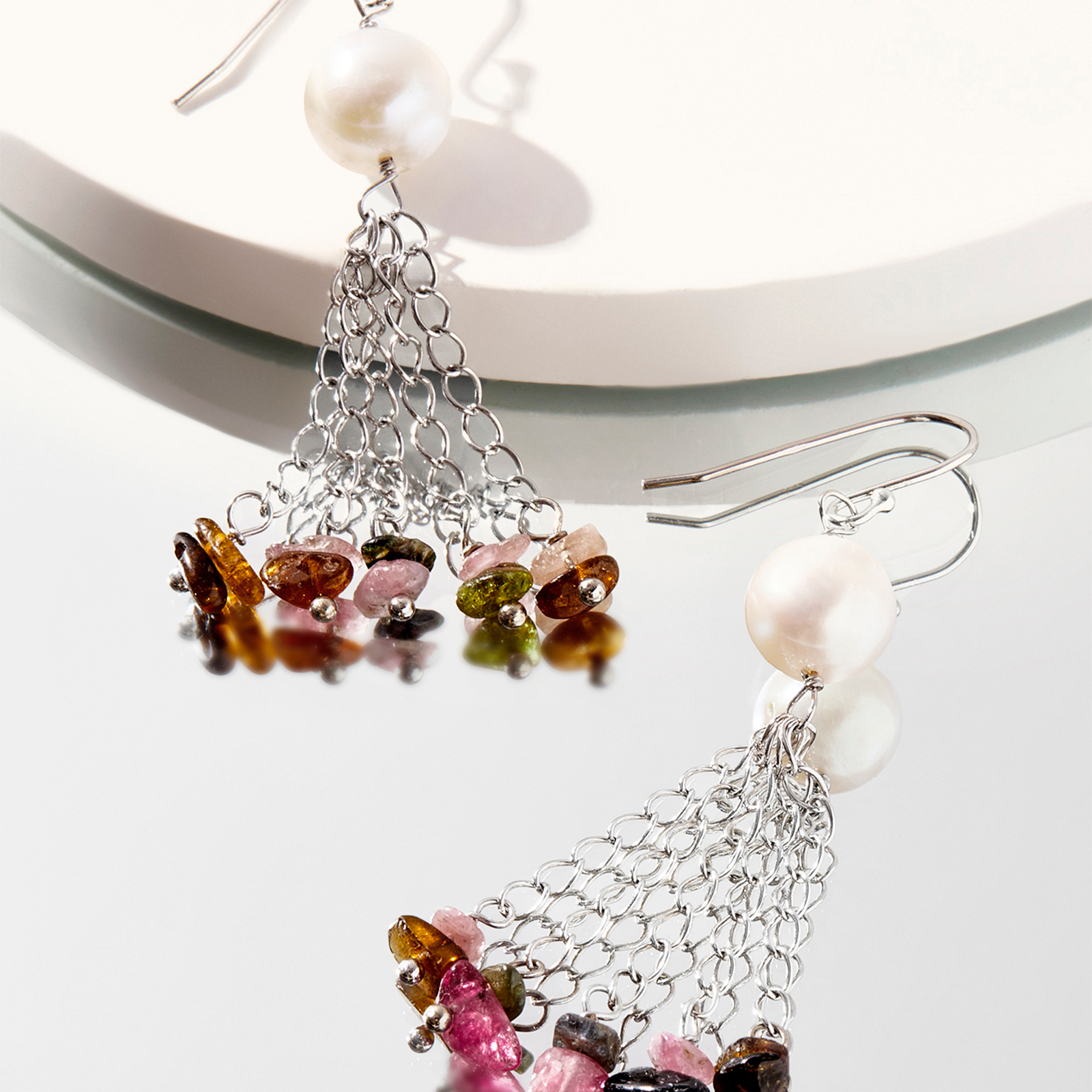 10-11mm white round shape freshwater cultured pearl tourmaline drop silver hook earrings for women
