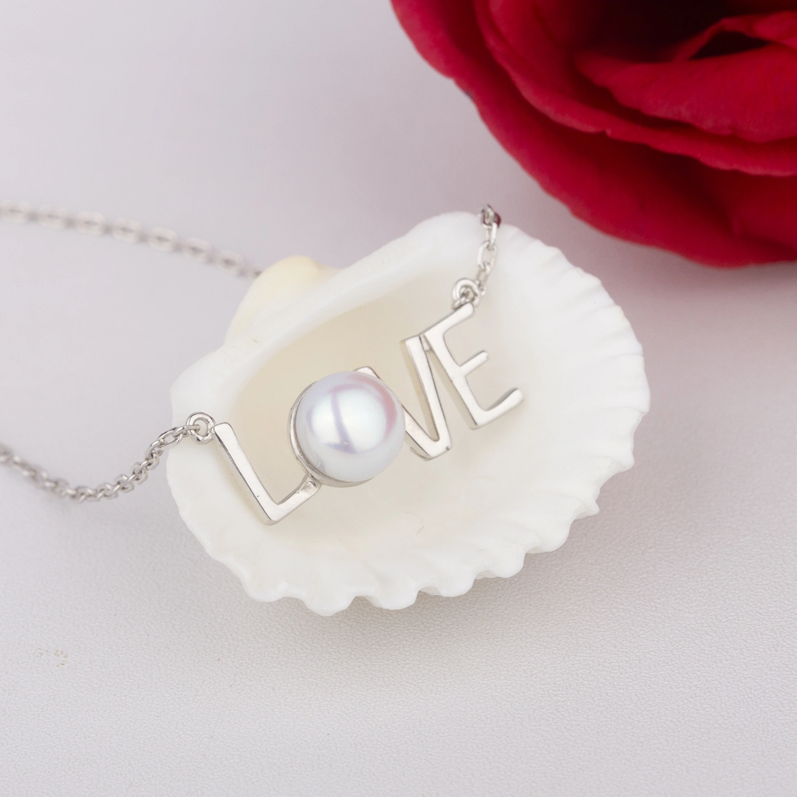 simple elegant silver chain necklace with white 7-8mm freshwater button pearl LOVE pendant women jewelry gifts