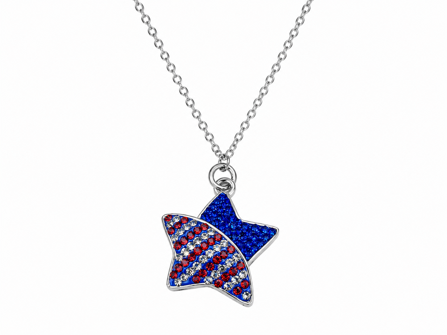 Patriotic star pendant necklace with red white blue cz.