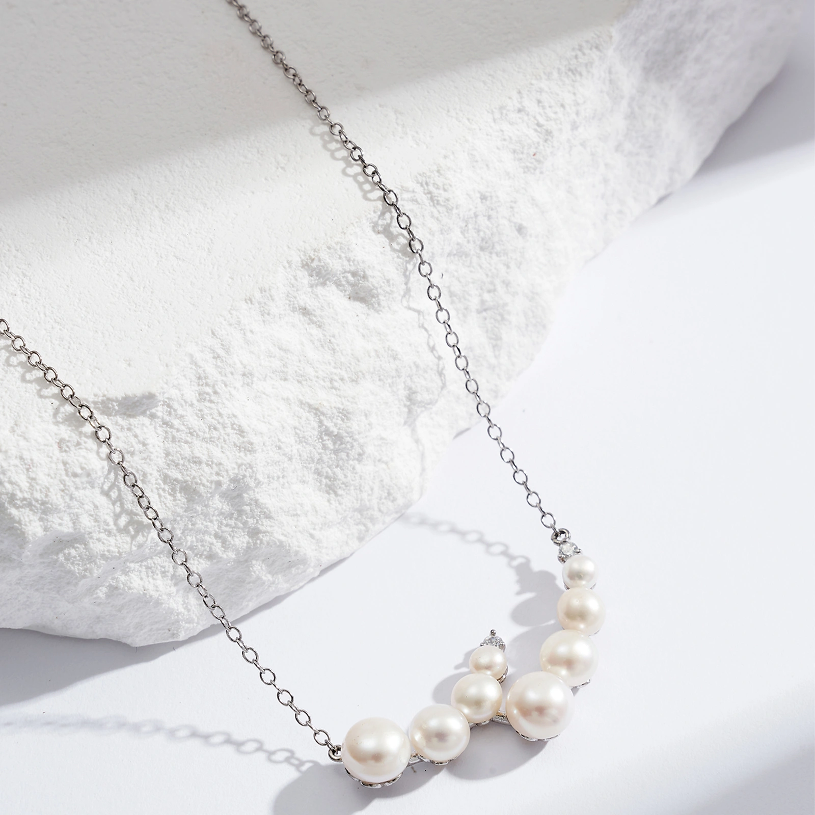 simple elegant silver chain necklace with white 6-3mm freshwater button pearl pendnat necklace rhodium plated women jewelry gifts