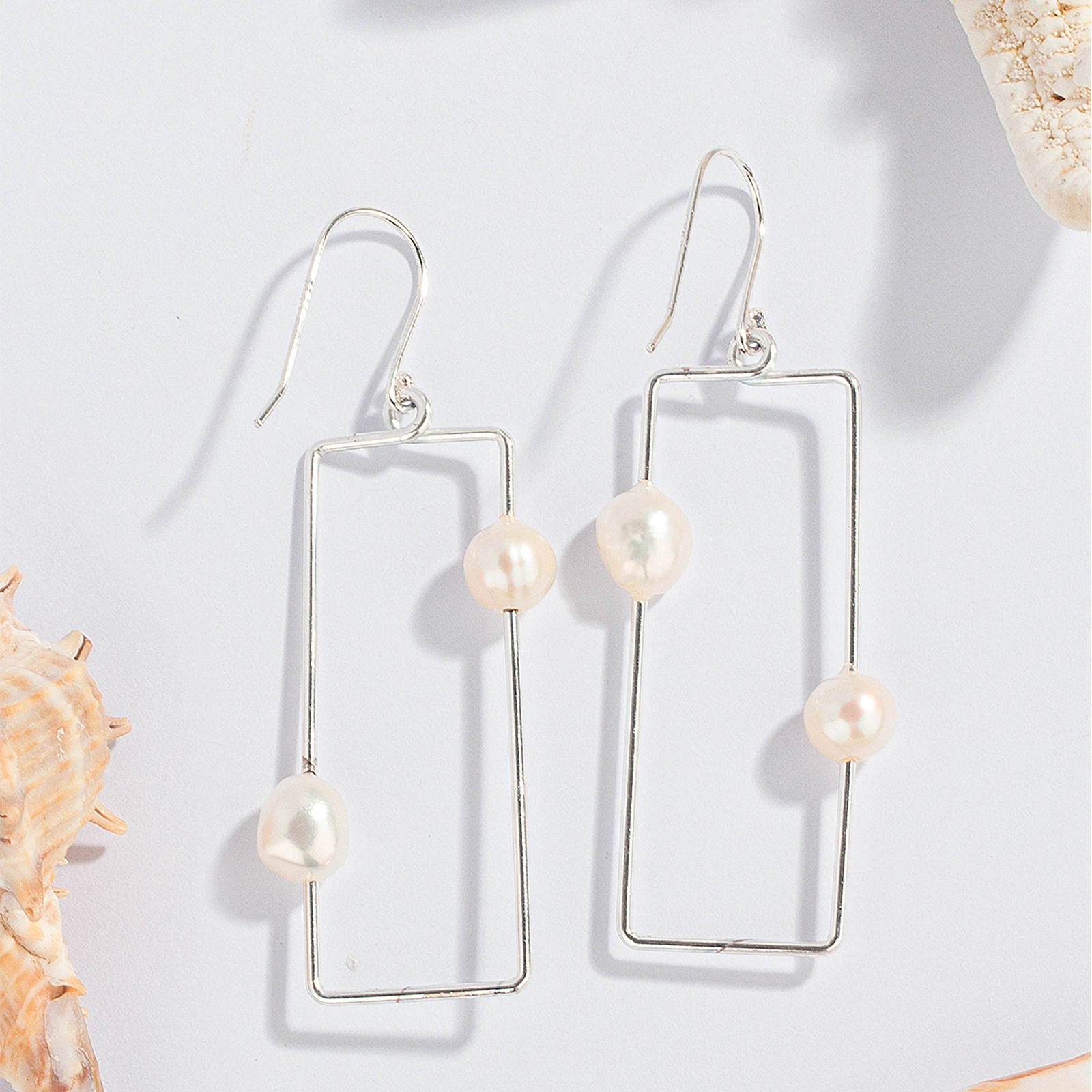 8-9mm baroque pearl 7-8mm round pearl rectangle drop silver hook earrings gold plated