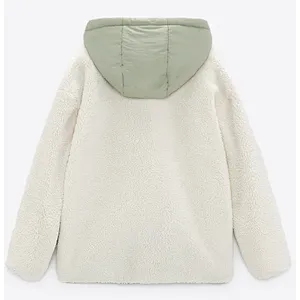 Colorblock Hooded Faux Fur Jacket with Quilting Pocket
