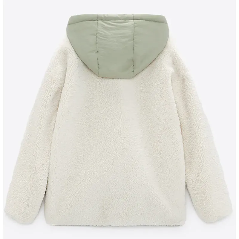 Colorblock Hooded Faux Fur Jacket with Quilting Pocket