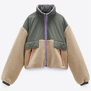 Stand Collar Faux Sherpa Fleece Jacket Colorblock