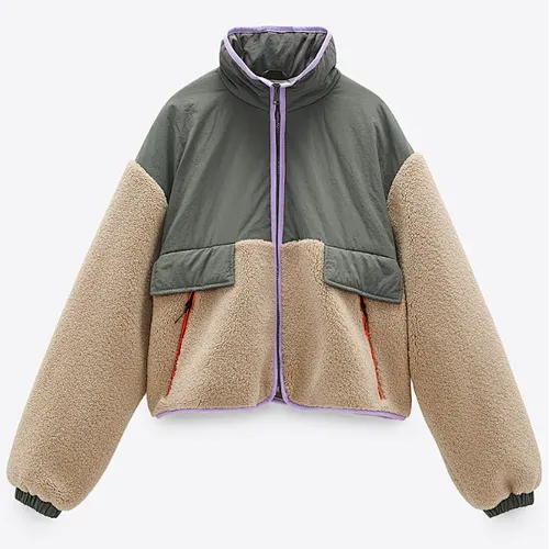 Stand Collar Faux Sherpa Fleece Jacket Colorblock