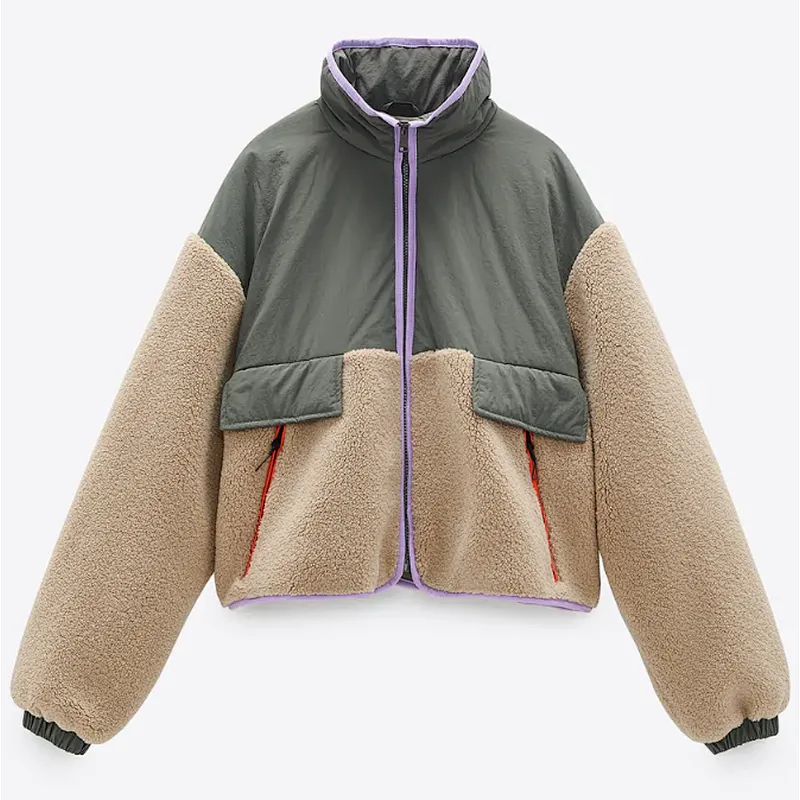 Stand Collar Faux Sherpa Fleece Jacket Colorblock