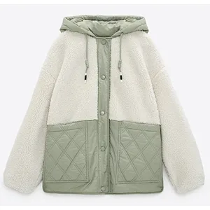 Colorblock Hooded Faux Fur Jacket with Quilting Pocket