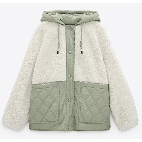 Colorblock Hooded Faux Fur Jacket with Quilting Pocket