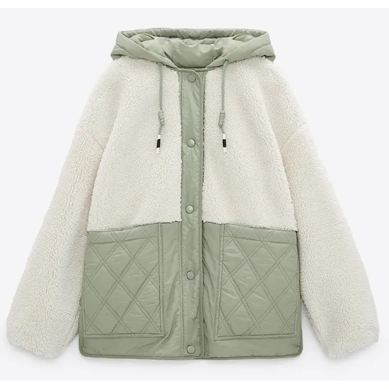 Colorblock Hooded Faux Fur Jacket with Quilting Pocket