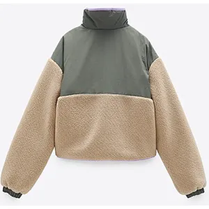 Stand Collar Faux Sherpa Fleece Jacket Colorblock