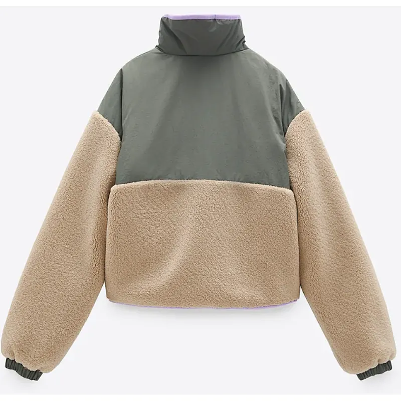 Stand Collar Faux Sherpa Fleece Jacket Colorblock