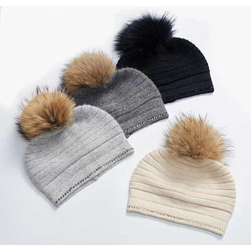 beanie with real fur pompom crystal