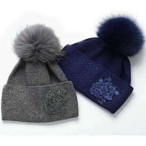 beanie with real fur pompom embroidery flower