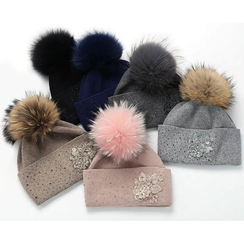 beanie with real fur pompom embroidery flower