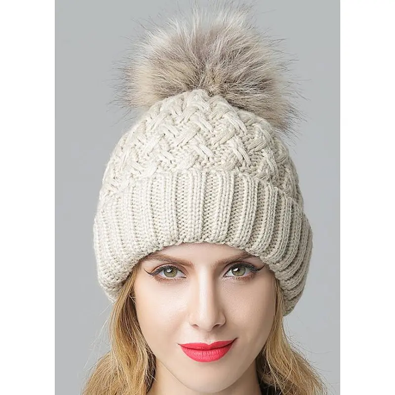 ladies beanie cable pompom