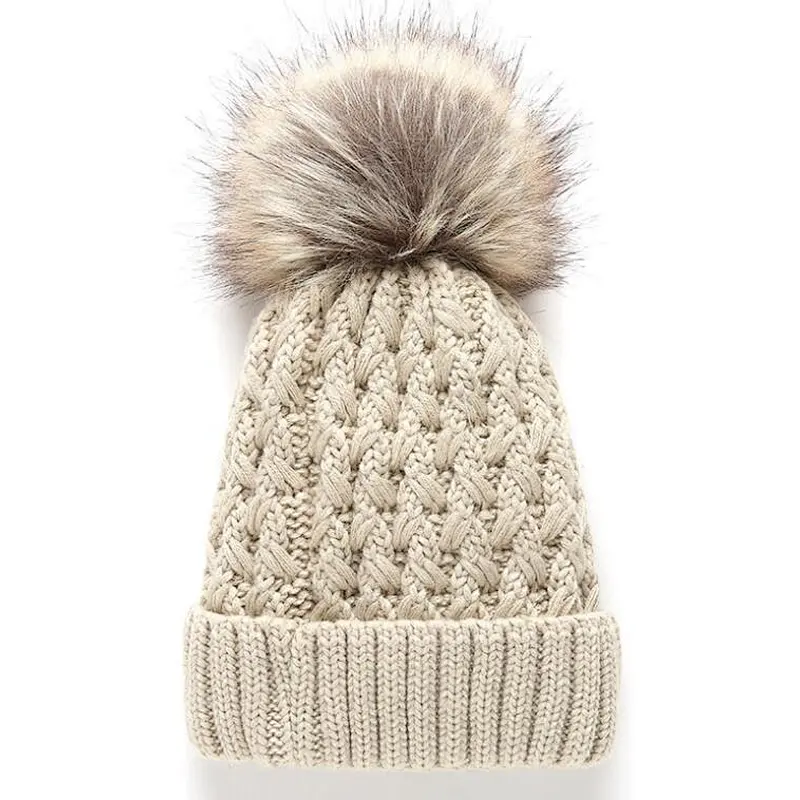 ladies beanie cable pompom