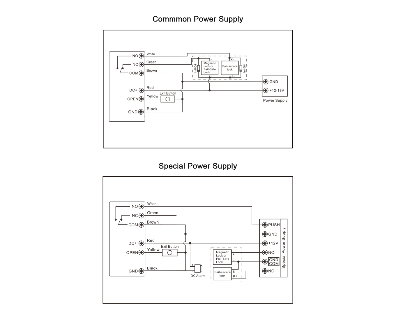Smart fingerprint access control system wiring diagram with electric lock connection