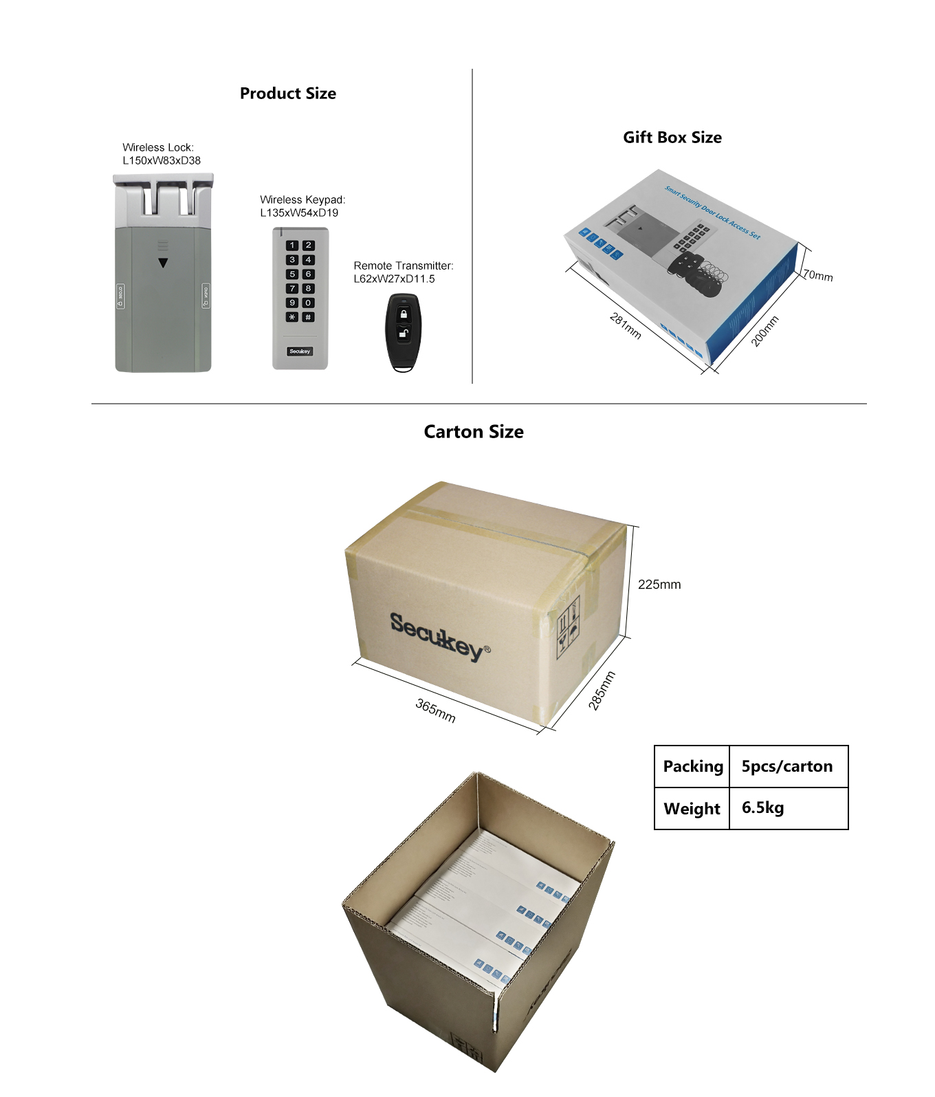 size and package of wireless remote control door lock system