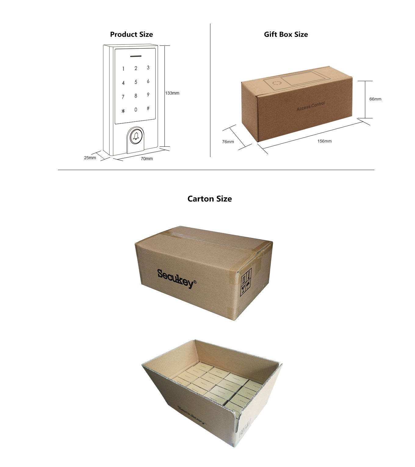 TTLock access control keypad packaging and size reference view