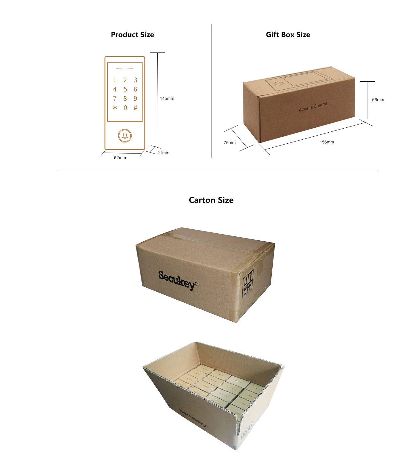 WiFi access control system shown with carton and size reference