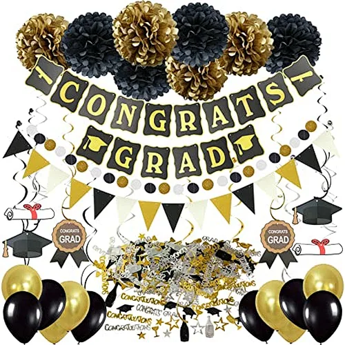 HKH Black and Gold Graduation Decorations paper Banner Paper Pom Pom Hanging Swirl confetti Garland party kits