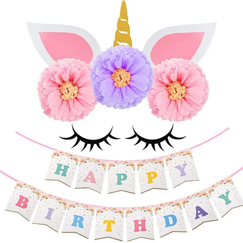 HKH Elegant Unicorn Backdrop kid's birthday Party Paper Flower Banner  Decorations Set