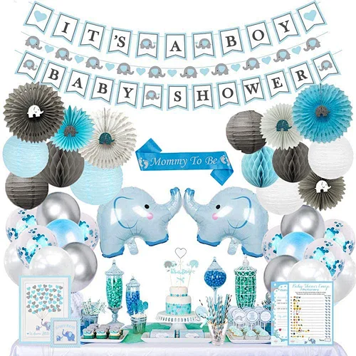 HKH Blue Elephant Baby Shower paper  Decorations kits balloon paper lantern paper honeycomb ball  for kid's party
