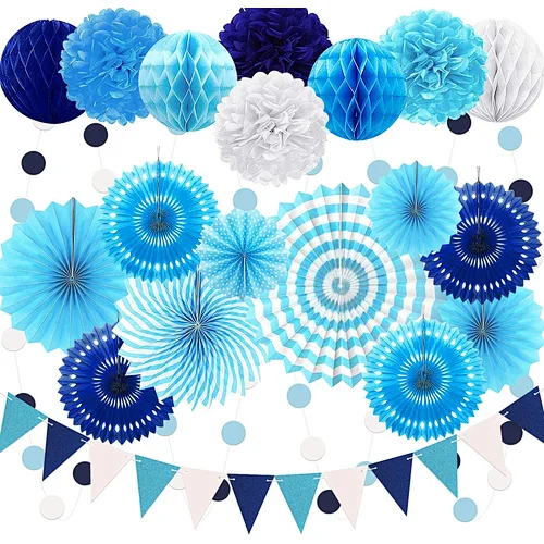 Frozen y Blue  Hanging Paper Fans, Pom Poms Flowers, Garlands String Polka Dot and Triangle Bunting  for Boy Birthday party