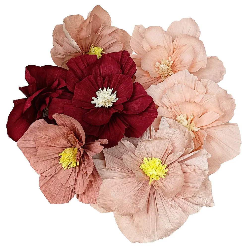 crepe paper flowers come in a variety of colors and sizes