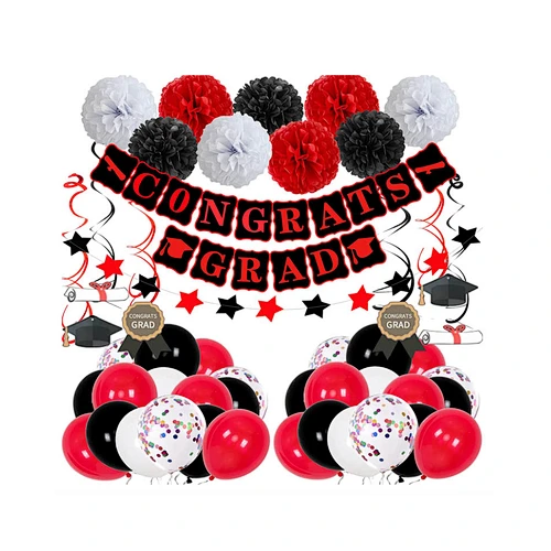 HKH red Black Graduation Decor CONGRATS GRAD Banner Paper Pompoms Hanging Swirls Balloons for Graduation party sets