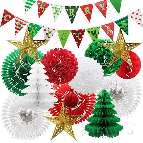 HKH Merry Christmas party decoration Pennant Banner Hanging Swirls Star Lanterns Paper Fans paper honeycomb