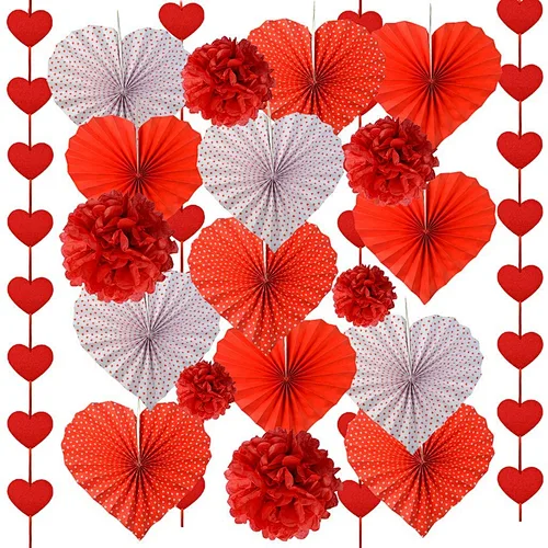 Decoration set Heart Paper Fans Garland Banner Pompoms for Valentines Anniversary