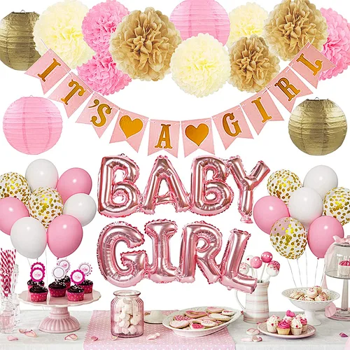 HKH pink theme baby shower girl paper pompom balloon banner party  decorations set
