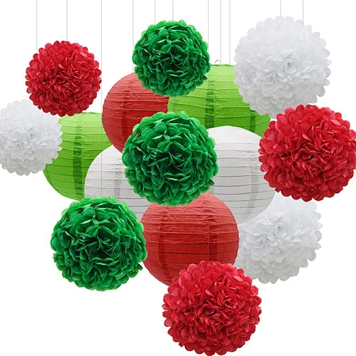 HKH handmade hanging green and red paper lantern paper pompom indoor garden christmas decoration party sets