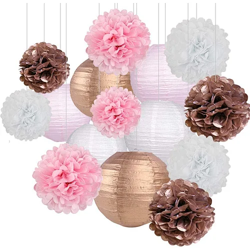 HKH design for wedding valentine's day birthday party decor golden and pink hanging round paper lantern and pompom sets