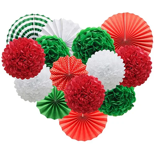 HKH printing red green and white color paper fan paper pompom for indoor christmas new year party decoration