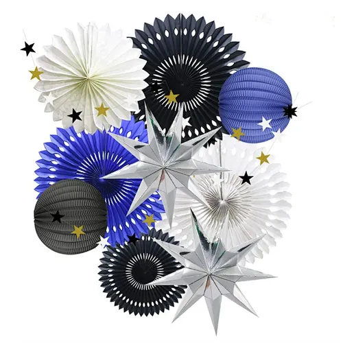 HKH Graduation Wedding Anniversary Birthday Backdrop Decoration tissue black blue paper star paper fan garland