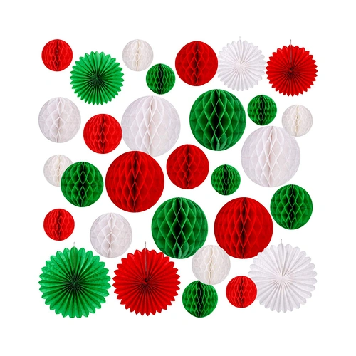 HKH handmade indoor decoration christmas tree new year tissue  honeycomb paper fan paper ball in red white and green