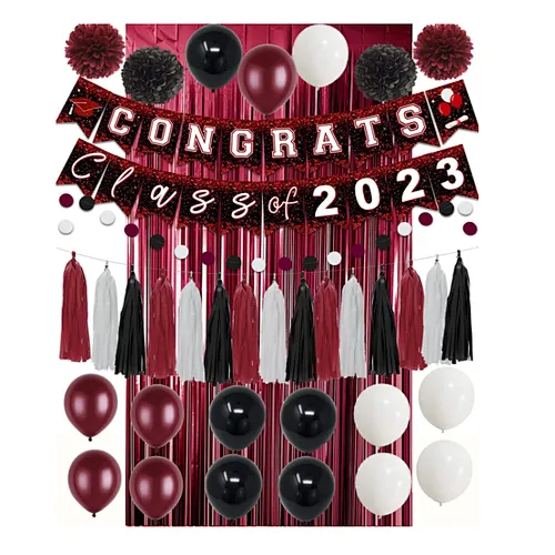 HKH College Graduation Celebration Decorations foil dark rose Balloons Fringe Curtains Tassels Paper Pompoms