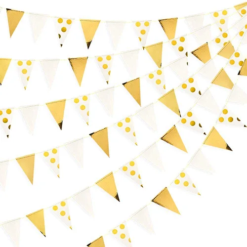 HKH White Gold Foil Polka Dot Pennant Banner Paper Triangle Flags Bunting Garland Streamer